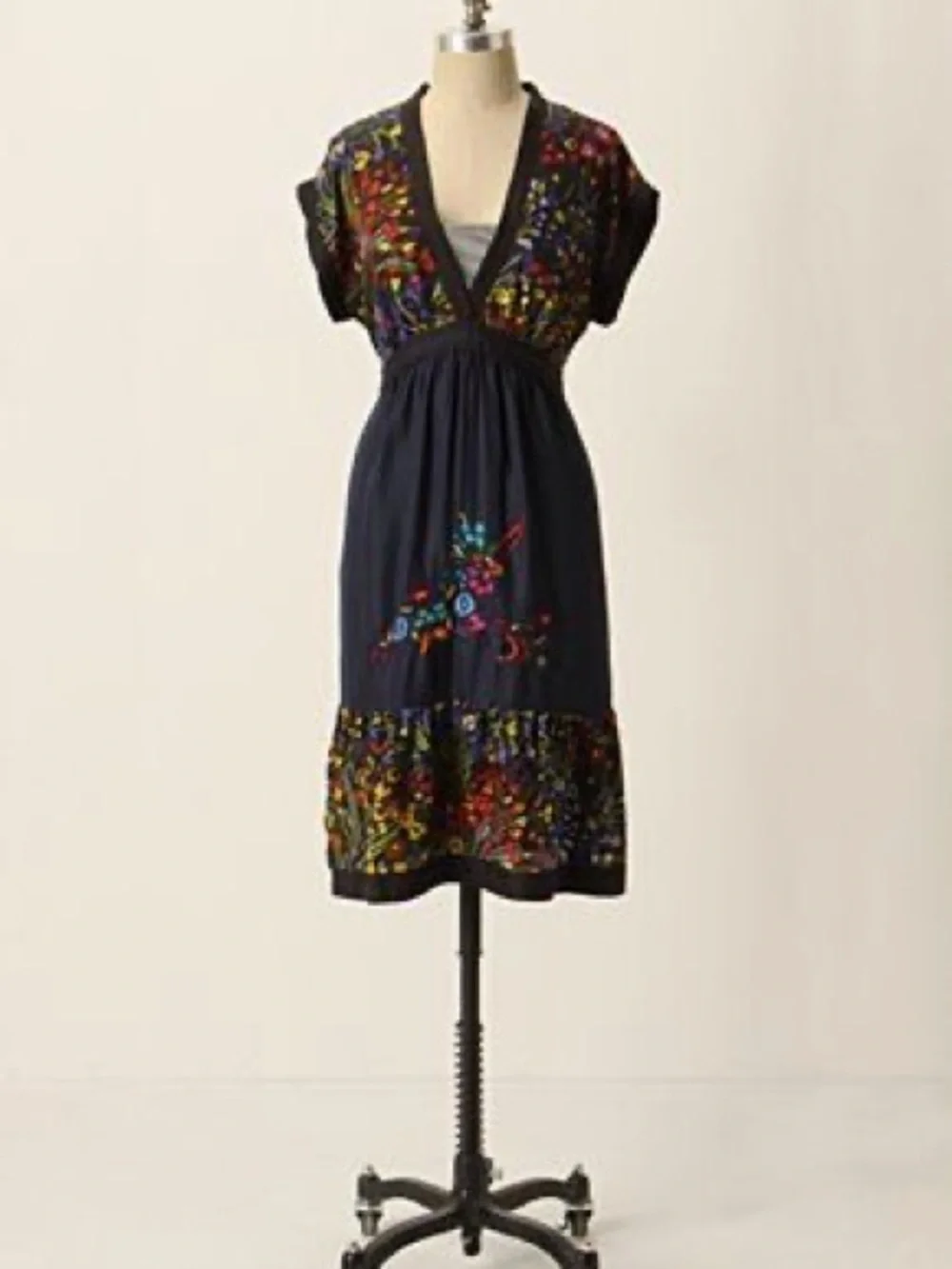 Anthropologie Navy Embroidered Midi Dress with Multicolor Floral Detail
